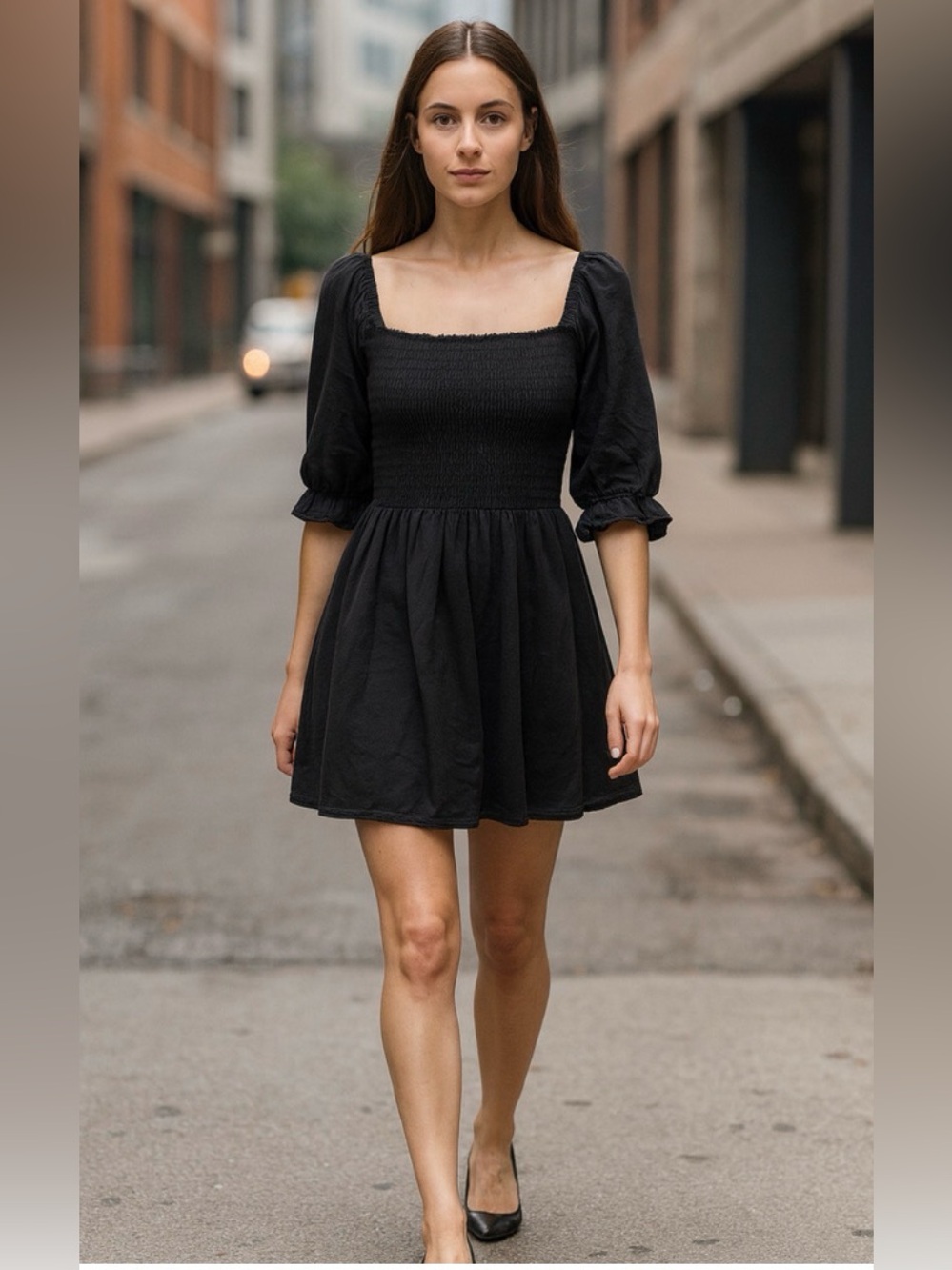 WAYF black smocked puff sleeve mini dress size M